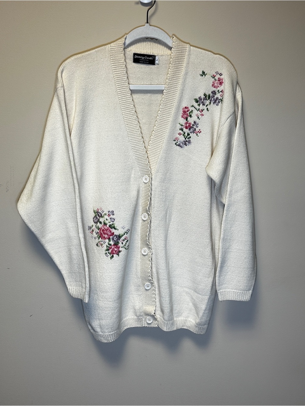Vintage Stoney Creek Collection Cream Floral Embroidered Cardigan Sweater Size L
